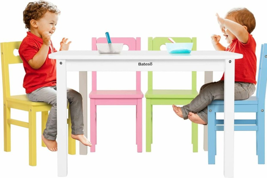 Bateso | Bateso Wooden Kids Table And 4 Chairs Set For Age 3-8, Toddler Table For Craft, Eating, Learning, Activity, 5 Piece Colorful Solid Children Furniture For Home, Classroom, Outside, Gift For Boys Girls