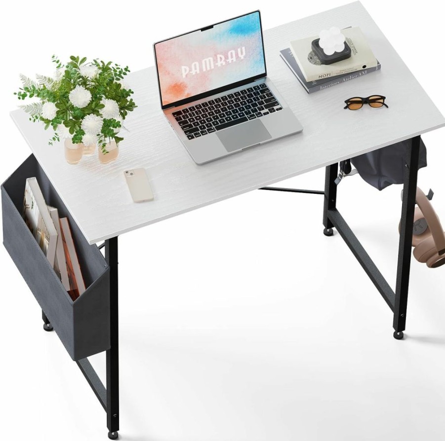 Pamray | Pamray 32 Inch Computer Desk For Small Spaces With Storage Bag, Home Office Work Desk With Headphone Hook, Small Office Desk Study Writing Table