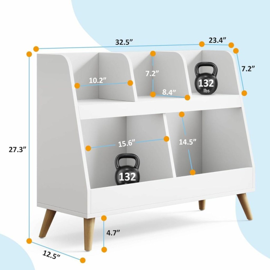 VANOMi | Vanomi Kids Bookshelf, 5 Cubbies Wooden Open Toy Storage Organizer, 2 Tier Baby Bookcase With Legs, Free Standing Small Bookshelf For Nursery, Playroom, Bedroom And Classroom (White)