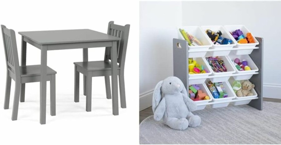 Humble Crew | Humble Crew, Grey Kids Wood Table And 2 Chairs Set, Square & Kids Toy Organizer With 9 Storage Fabric Bins, Grey