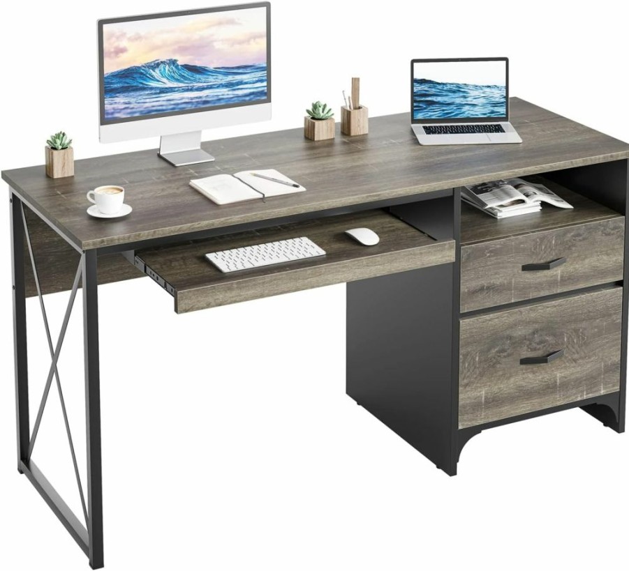 Bestier | Bestier Office Desk With Drawers, 55 Inch Industrial Computer Desk With Storage, Wood Teacher Desk With Keyboard Tray & File Drawer For Home Office, Dark Gray Oak