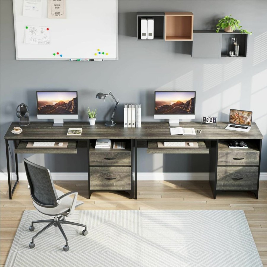 Bestier | Bestier Office Desk With Drawers, 55 Inch Industrial Computer Desk With Storage, Wood Teacher Desk With Keyboard Tray & File Drawer For Home Office, Dark Gray Oak