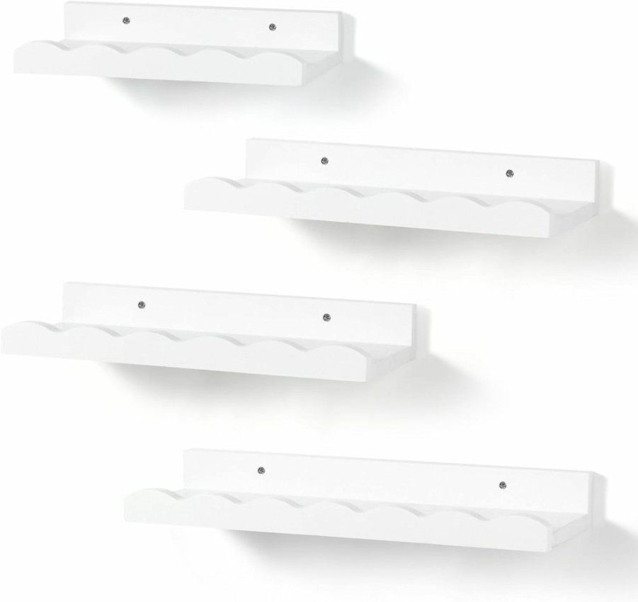 Suzile | Suzile Set Of 4 Floating Nursery Book Shelves Kids' Bookshelf Wood Floating Bookshelves Picture Ledge Shelf For Wall Bathroom Bedroom Nursery Room Decor Books Toys Photo Storage (White)