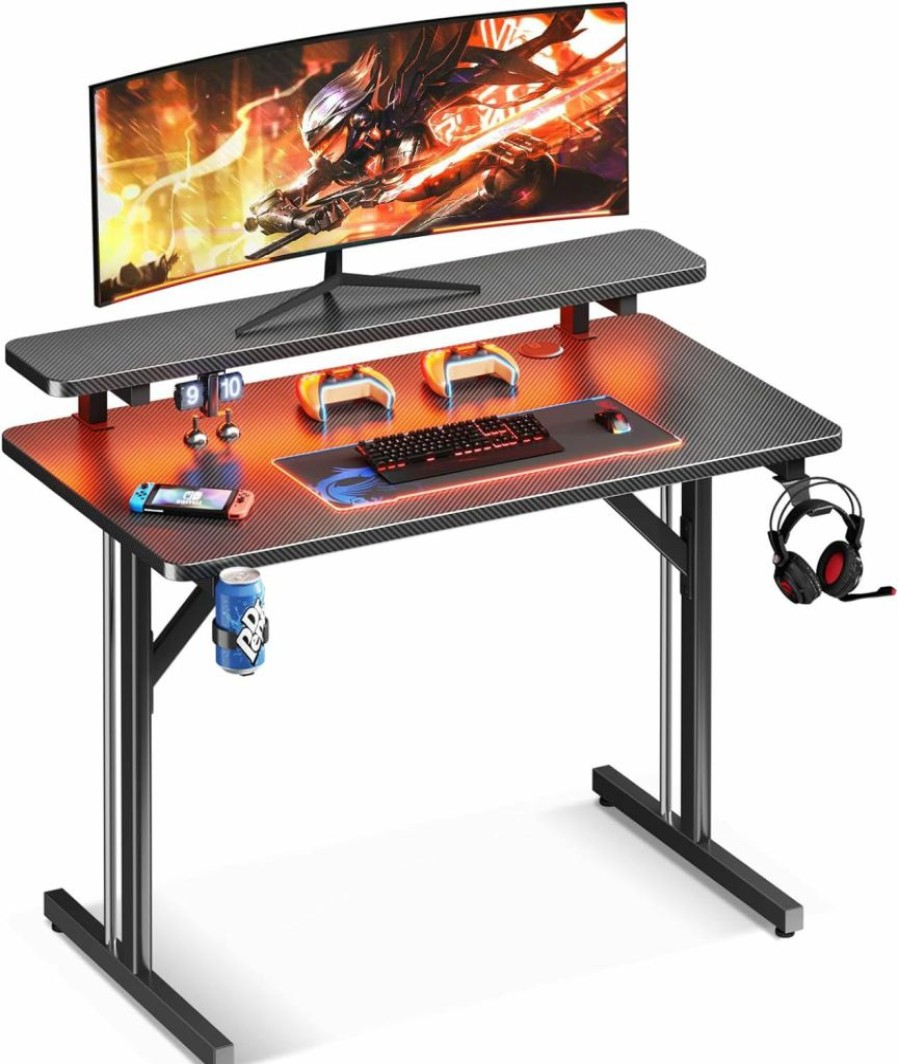 MOTPK | Motpk Small Gaming Desk With Led Lights, Computer Desk 39 Inch Gaming Table With Monitor Shelf, Pc Gaming Desk Gamer Desk With Carbon Fiber Texture, Kids Boys Desk Gift For Men