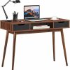 Tangkula | Tangkula Mid Century Desk With Drawers, Modern Writing Study Desk, Home Office Desk Computer Desk With Solid Wood Legs & Open Shelf, Study Workstation Multifunctional Vanity Table Desk For Bedroom