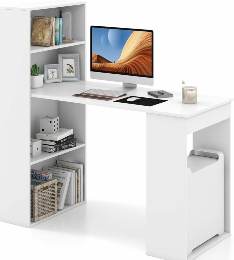 IFANNY | Ifanny 48 Inch Computer Desk With Bookshelf, Reversible Study Writing Desk With Storage Shelves & Cpu Stand, Compact Office Desks & Workstations, White Desk For Bedroom, Kids Room, Study (White)