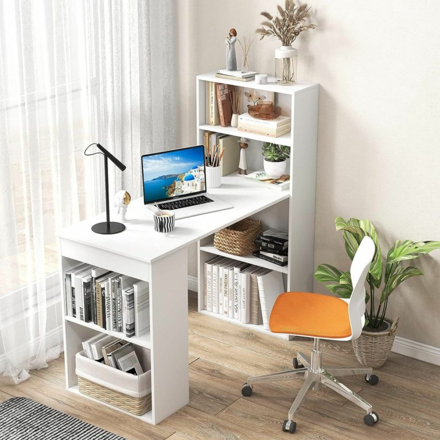 IFANNY | Ifanny 48 Inch Computer Desk With Bookshelf, Reversible Study Writing Desk With Storage Shelves & Cpu Stand, Compact Office Desks & Workstations, White Desk For Bedroom, Kids Room, Study (White)