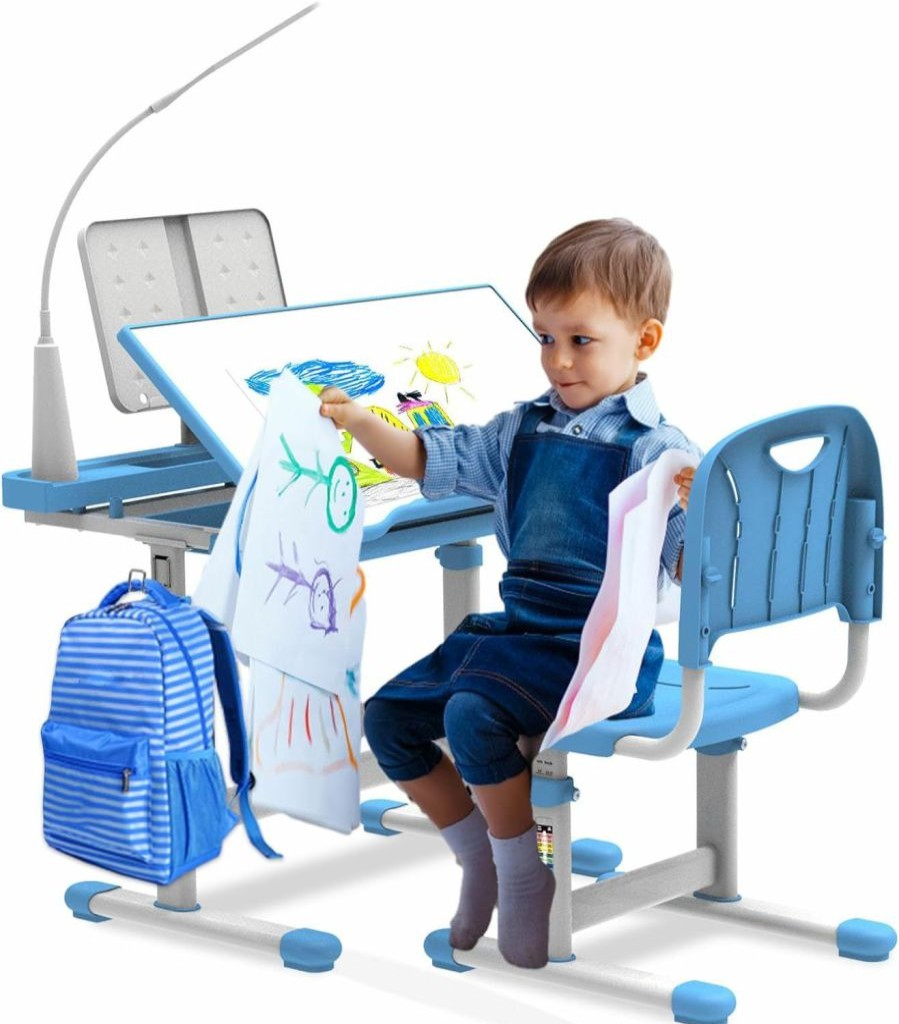 BELANITAS | Belanitas Kids Desk And Chair Set 5-8 Year Old,Height Adjustable School Desk For Kids, Kids Study Desks And Chair Set With Tilt-Able Desktop Child Desk Chairs, Sky Blue