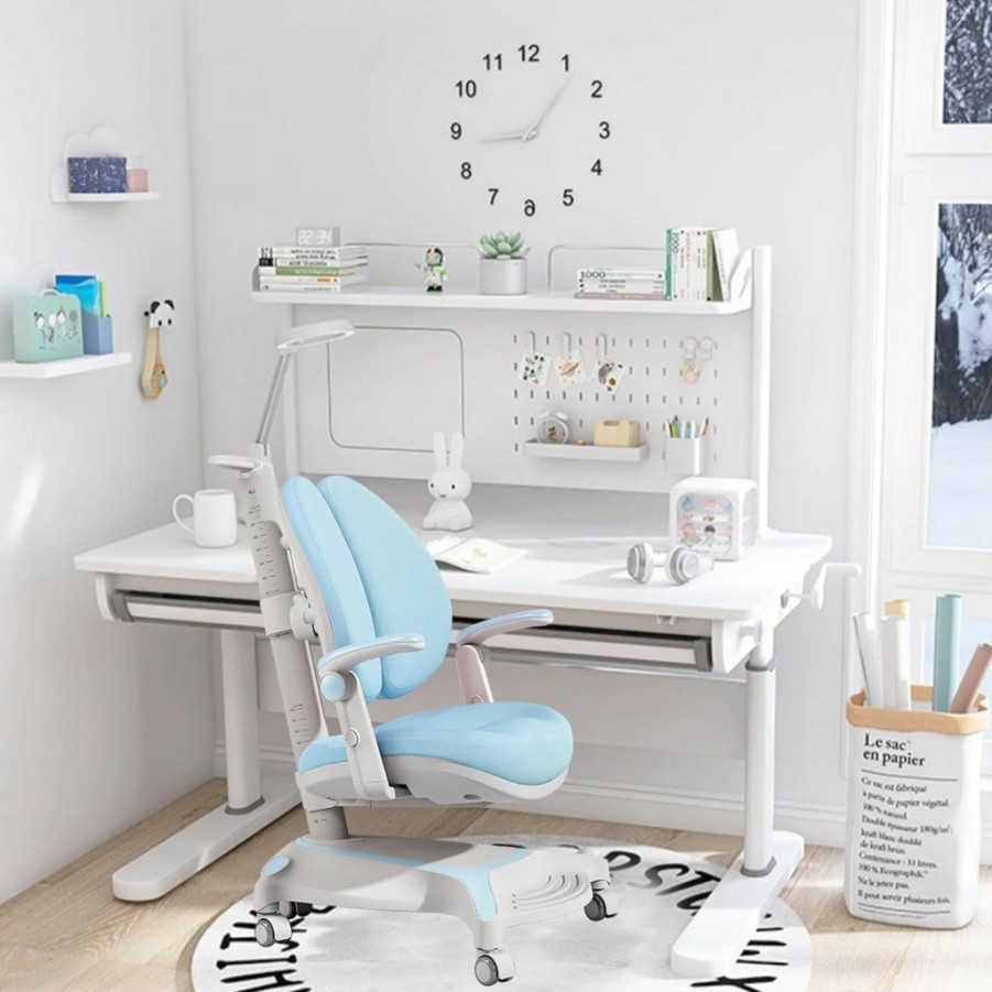 FCD | Fcd Desk And Chair For Kids, Height Adjustable Wood Study Computer Desk With Large Shelf, Tiltable Desktop And Pull-Out Drawer(Desk With Blue Chair)