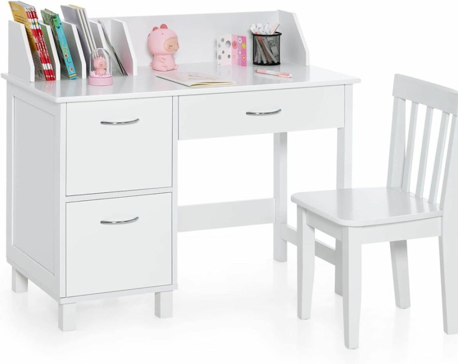 Costzon | Costzon Kids Desk And Chair Set, Children Wooden School Learning Table W/Drawer & Storage Cabinets, Student Writing Computer Workstation For Bedroom & Study Room, Gift For Ages 3-8 (White)