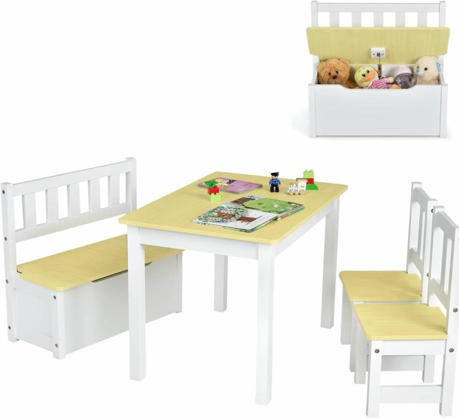 Costzon | Costzon Kids Table And Chair Set, Wood Activity Table With Toy Storage Bench & 2 Chairs For Children Reading, Arts, Crafts, Snack Time, Homework, Playroom, Toddler Table And Chairs (Natural)