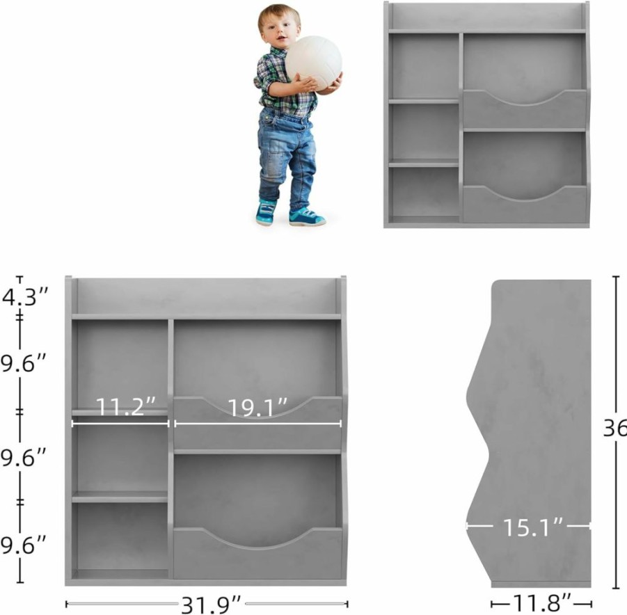 IDEALHOUSE | Idealhouse 5-Cubby Kids Bookshelf And Bookcase For Storage Books And Toys, Toy Storage Organizer For Boys And Girls, Multi Shelf For Playroom, Bedroom, Nursery And Kid'S Room (Grey)