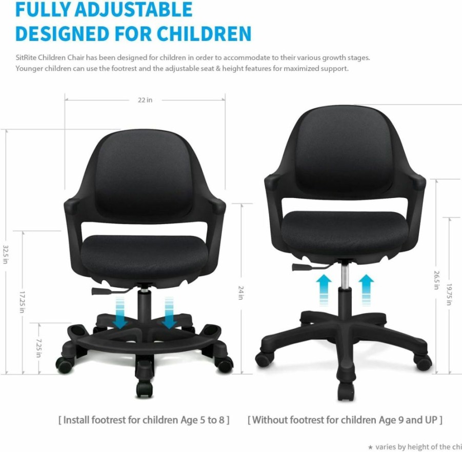 SitRite | Sitrite Ergonomic Kids Desk Chair Children Study Student Computer Home School Office Height Control Easy To Assemble (Piano Black, Swivel)