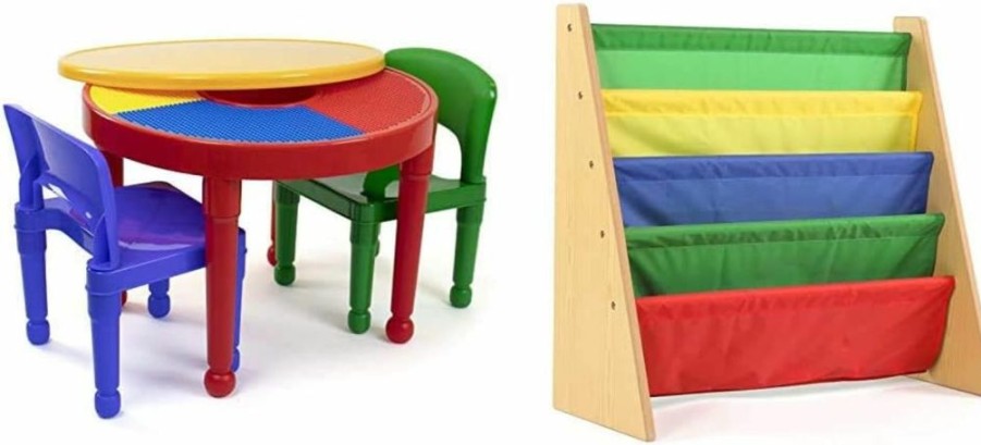 Humble Crew | Humble Crew, Red/Green/Blue Kids 2-In-1 Plastic Building Blocks-Compatible Activity Table And 2 Chairs Set, Round, Primary Colors & Natural/Primary Kids Book Rack Storage Bookshelf