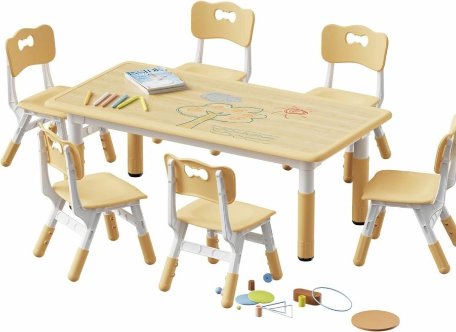 Brelley | Brelley Kids Table And 6 Chairs Set, Height Adjustable Toddler Table And Chair Set, Graffiti Desktop, Classroom/Daycare/Home, Children Multi-Activity Table For Ages 2-8