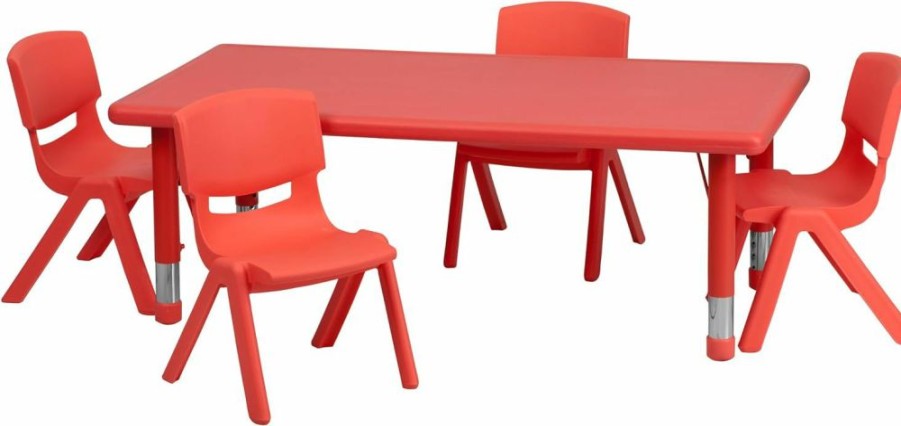 Flash Furniture | Flash Furniture Emmy 24''W X 48''L Rectangular Red Plastic Height Adjustable Activity Table Set With 4 Chairs