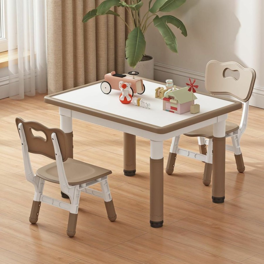 Ybaiwana | Ybaiwana Toddler Table And 2 Chairs, Kids Table And Chair Set Height Adjustable, 31.5''L X 23.6''W Multifunctional Kids Table For Reading, Drawing, Eating, For Girls & Boys Age 2-10, Brown-02