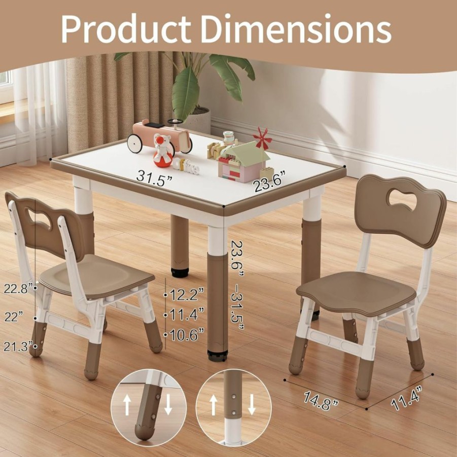 Ybaiwana | Ybaiwana Toddler Table And 2 Chairs, Kids Table And Chair Set Height Adjustable, 31.5''L X 23.6''W Multifunctional Kids Table For Reading, Drawing, Eating, For Girls & Boys Age 2-10, Brown-02