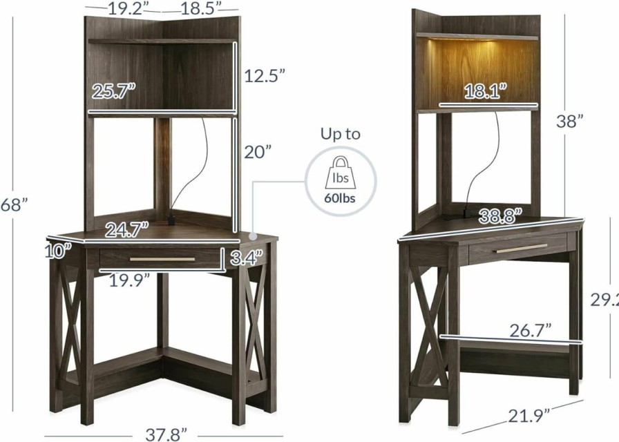 BELLEZE | Belleze Corner Desk With Hutch, Compact Home Office Desk With Display Shelf And Drawer, Space Saving Writing Desk With Charge Outlets And Led Lights For Living Room, Bedroom - Tate (Brown)