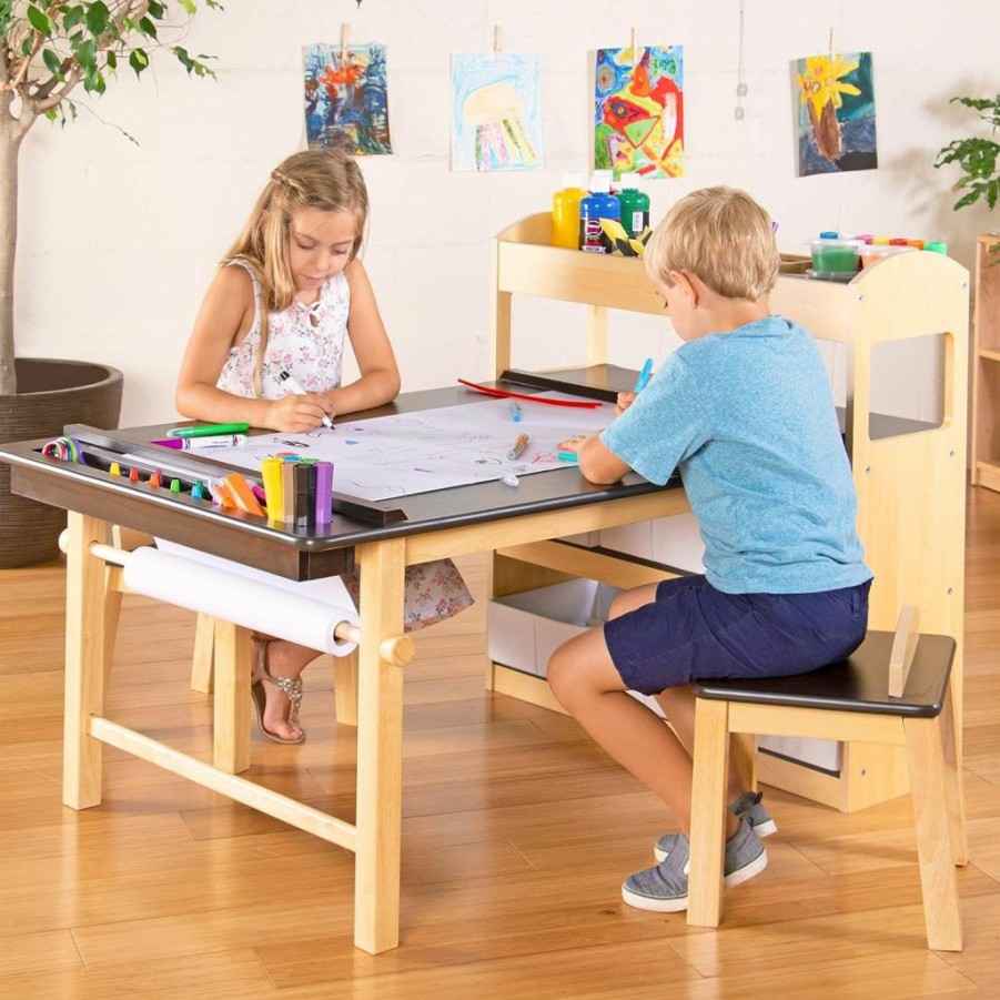 Guidecraft | Guidecraft Deluxe Art Center: Drawing And Painting Table For Kids, W/ Two Stools, Craft Supplies Storage Shelves, Canvas Bins, Paper Roll Preschool Toddler Wooden Learning Furniture