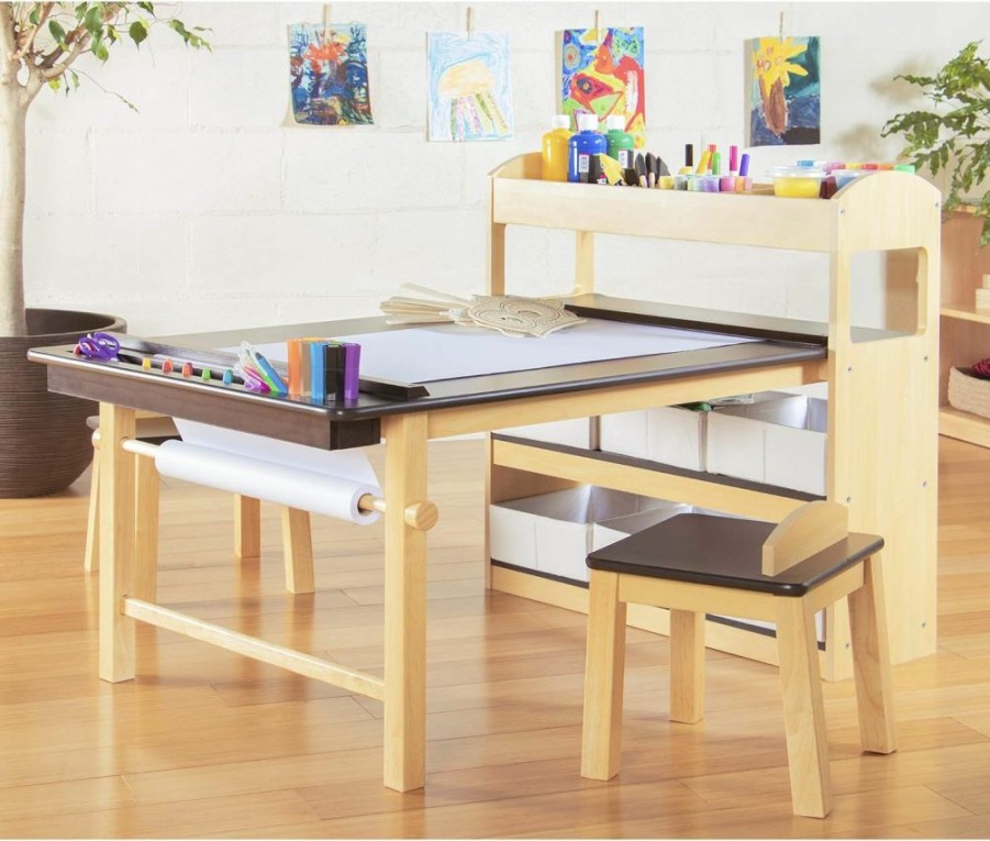 Guidecraft | Guidecraft Deluxe Art Center: Drawing And Painting Table For Kids, W/ Two Stools, Craft Supplies Storage Shelves, Canvas Bins, Paper Roll Preschool Toddler Wooden Learning Furniture