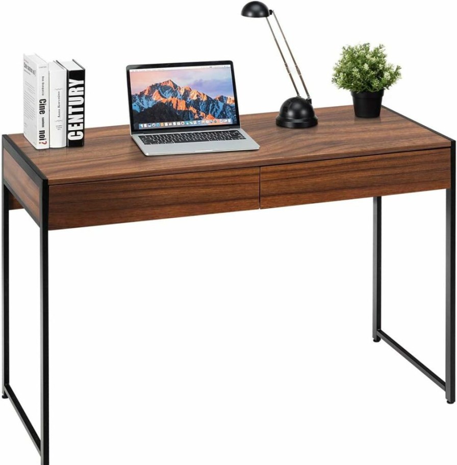 Tangkula | Tangkula Computer Desk With 2 Drawers, Simple Wooden Study Writing Desk With Steel Frame, 44 Inches Laptop Pc Workstation, Student Desk Home Office Desk Ideal For Bedroom & Office (Brown)