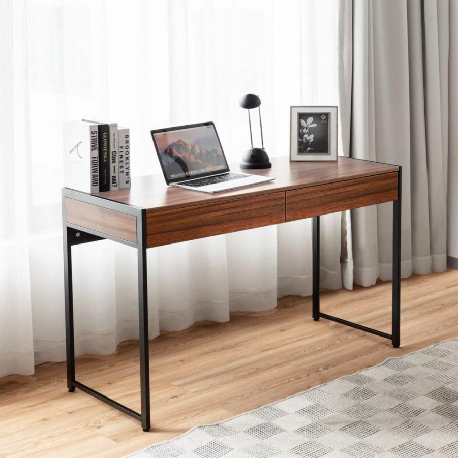 Tangkula | Tangkula Computer Desk With 2 Drawers, Simple Wooden Study Writing Desk With Steel Frame, 44 Inches Laptop Pc Workstation, Student Desk Home Office Desk Ideal For Bedroom & Office (Brown)