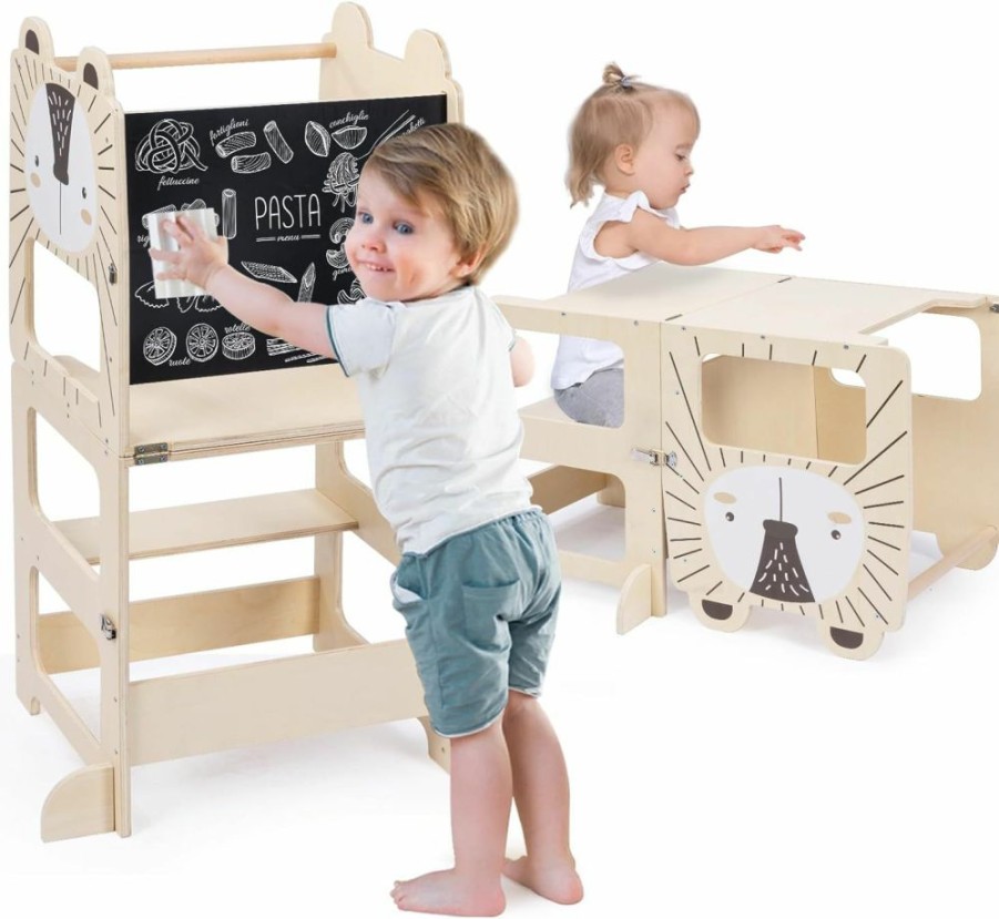 JOLIE VALLEE TOYS & HOME | Kids Step Stool, Kitchen Stool For Toddlers, Learning Wooden Tower With Chalkboard, Foldable Toddler Table And Chair Set, 3 In 1 Standing Tower With Message Boards For 18M+