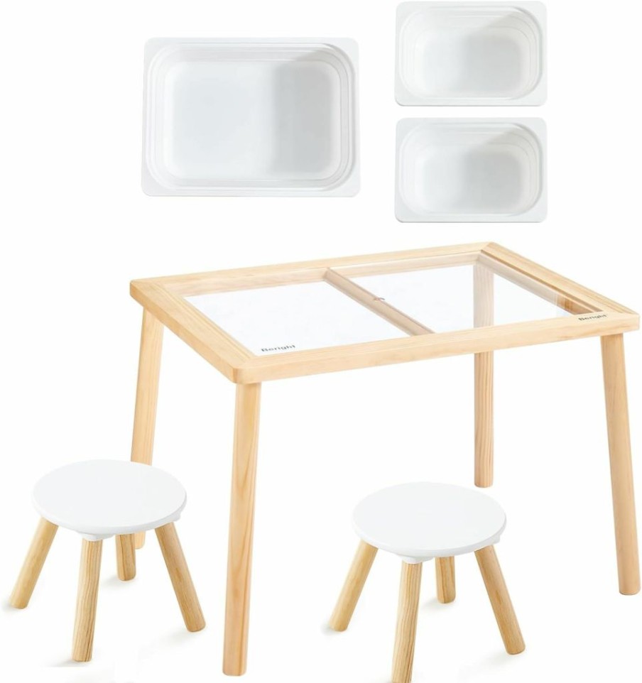 Beright | Beright Kids Table With 2 Acrylic Panels, 3 White Storage Bins And 2 Kids Steps, Indoor Sensory Table Play Sand Table For Kids, Perfect Choice For Christmas Thanksgiving Gift