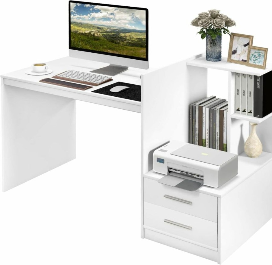 Tangkula | Tangkula White Desk With 2 Storage Drawers & Bookshelf, Home Office Desk With Corner Bookshelf & Printer Stand, Small Writing Study Desk For Small Space, Modern Vanity Table For Bedroom (White)