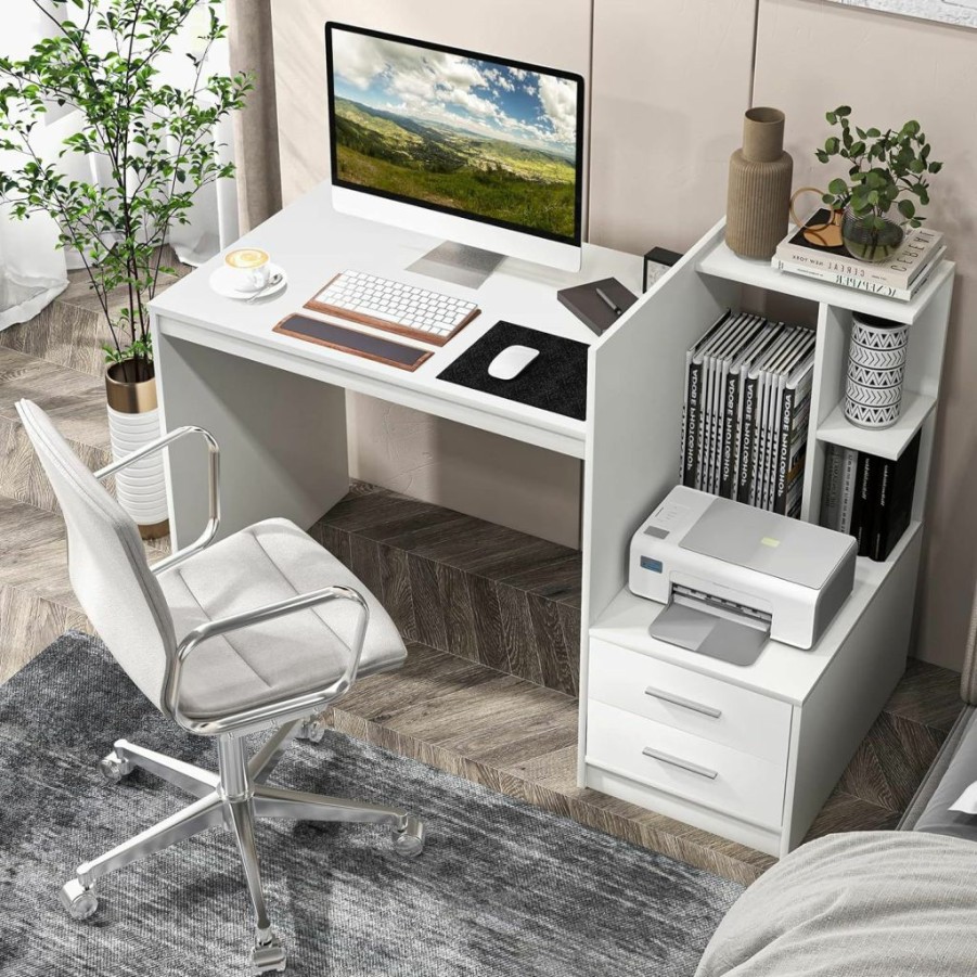 Tangkula | Tangkula White Desk With 2 Storage Drawers & Bookshelf, Home Office Desk With Corner Bookshelf & Printer Stand, Small Writing Study Desk For Small Space, Modern Vanity Table For Bedroom (White)