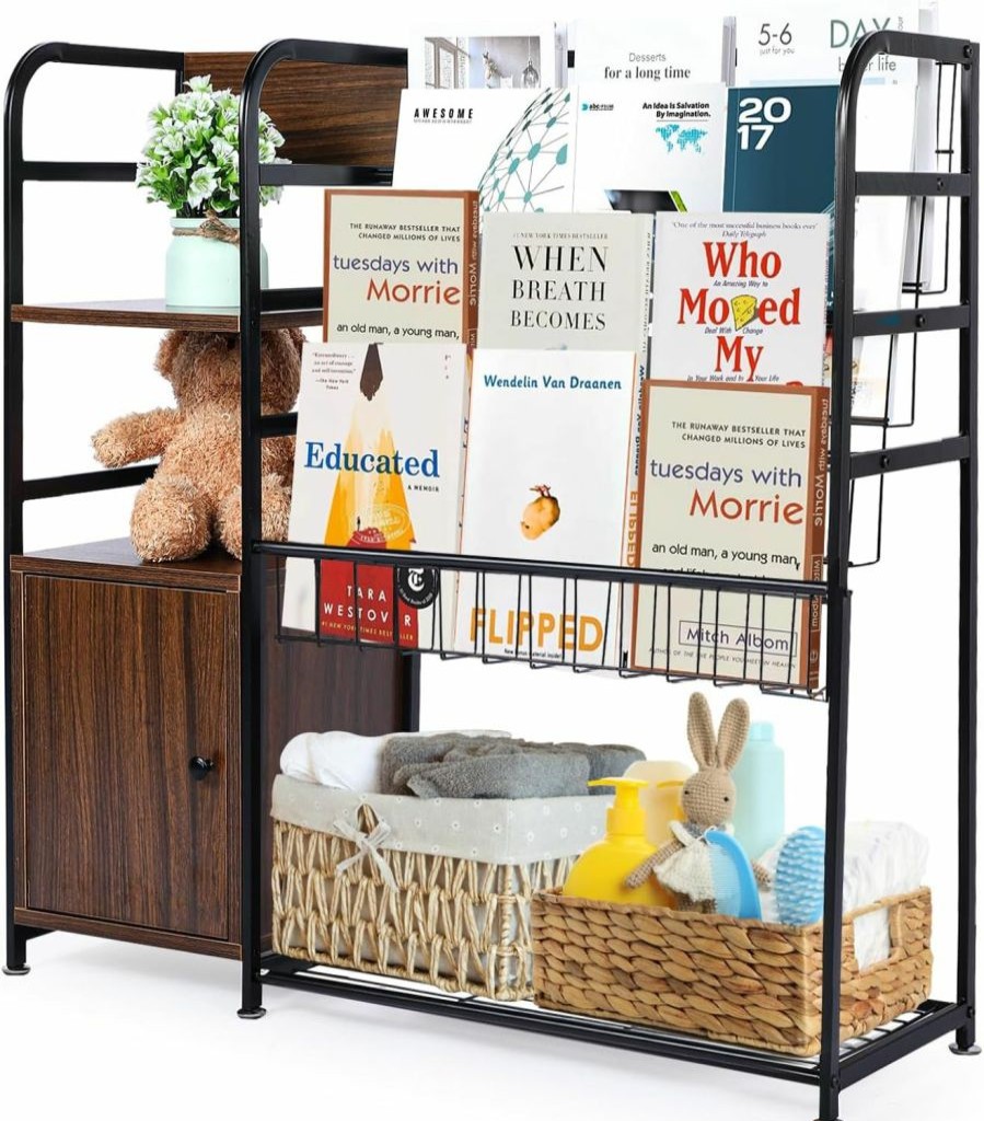 Azheruol | Azheruol Kids Bookshelf Brown With Cabinet Freestanding For Children Room 35.8 Inches Metal Bookcase Large Capacity Books Toys Organizer Stable 5 Tiers Kids Book Rack For Playroom Bookstore Library.