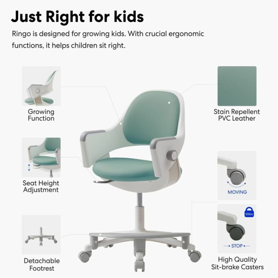 SIDIZ | Sidiz Ringo Kids Desk Chair : Ergonomic Kids Chair With Footrest, 4-Step Growing Function, Adjustable Seat Height, Sit-Locking Casters, Swivel Type Kids Chair (Mint Green Chair)