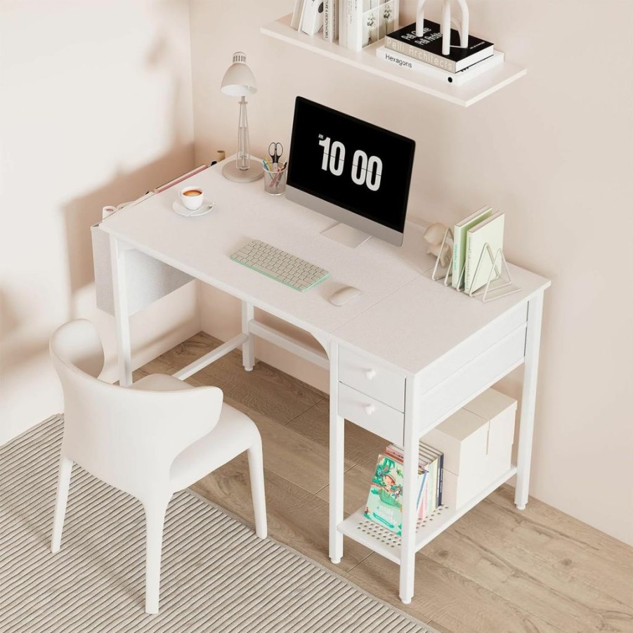 Lufeiya | Lufeiya White Small Desk With Drawers - 40 Inch Computer Desk For Small Space Home Office, Modern Simple Study Writing Table Pc Desks