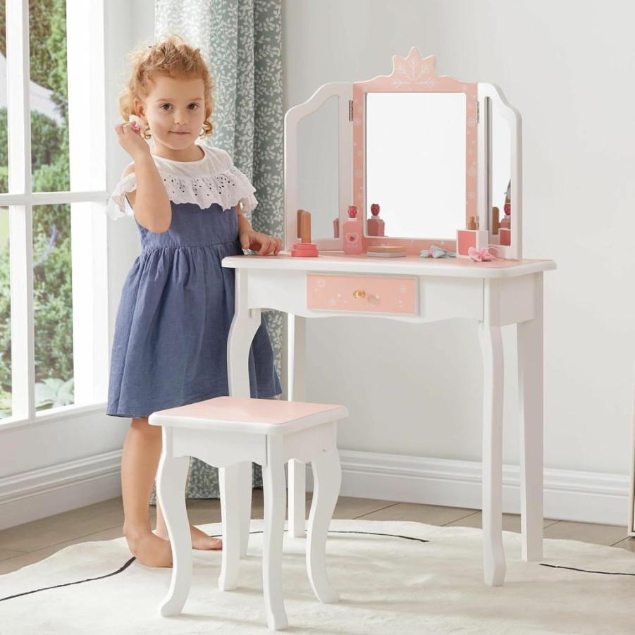 MOUDS | Kids Vanity Table & Stool Set, Girls Vanity Set With Detachable Tri-Folding Mirror And Drawer, 2 In 1 Princess Makeup Dressing Table And Writing Desk For Girls, Kids Age 3-8 (Black)