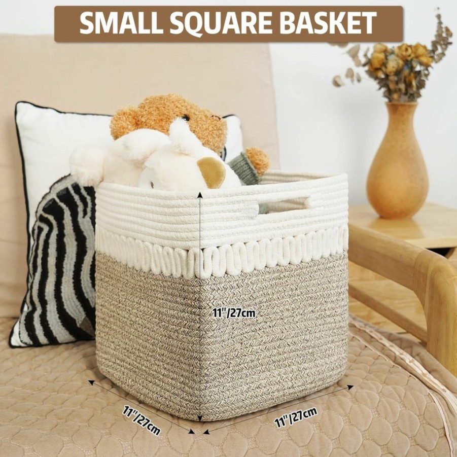 AROPEME | Aropeme 2-Pack Small Storage Basket, 11\"X11\"X11\" Cube Storage Bins For Shelf, Toy Basket For Baby Kids, Cotton Rope Baskets For Organizing, Woven Basket For Nursery Closet Laundry Books Cloths, Grey