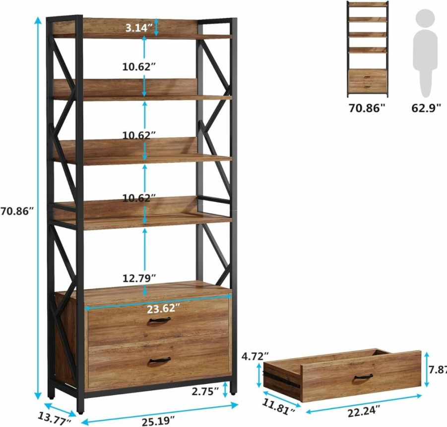 Tribesigns | Tribesigns Bookshelf With Drawers, 70.8" Industrial Bookcase With 2 Drawers, 5 Shelf Open Shelf For Storage, Wood Book Shelf For Living Room, Bedroom, Home, Office (Brown, 1Pc)