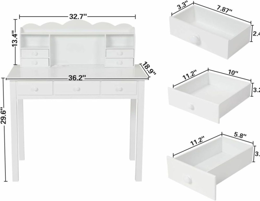 ADORNEVE | Adorneve Writing Desk With Usb Port, Home Office Desk With Drawers And Hutch, 36.2" Study Table Computer Desk For Student/Adults, Computer Work Station With Storage Shelf, 7 Drawers, White