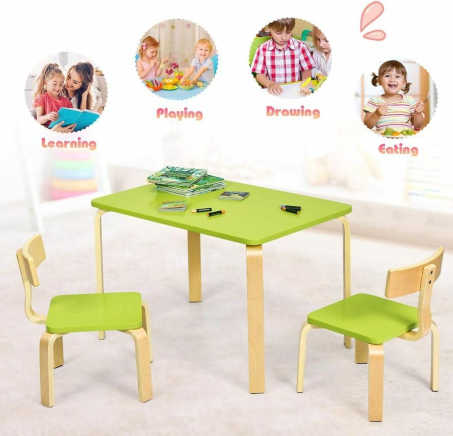 Costzon | Costzon Kids Table And Chair Set, Wood Table And Chairs For Toddlers Reading, Arts, Crafts, Homework, Snack Time, 3 Piece Furniture For Playroom Home School Classroom, Childrens Table And Chair, Green