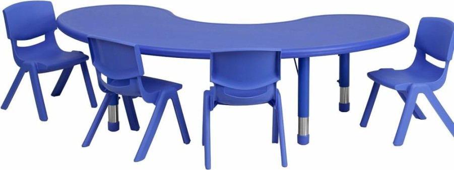 Flash Furniture | Flash Furniture 35''W X 65''L Half-Moon Blue Plastic Height Adjustable Activity Table Set With 4 Chairs