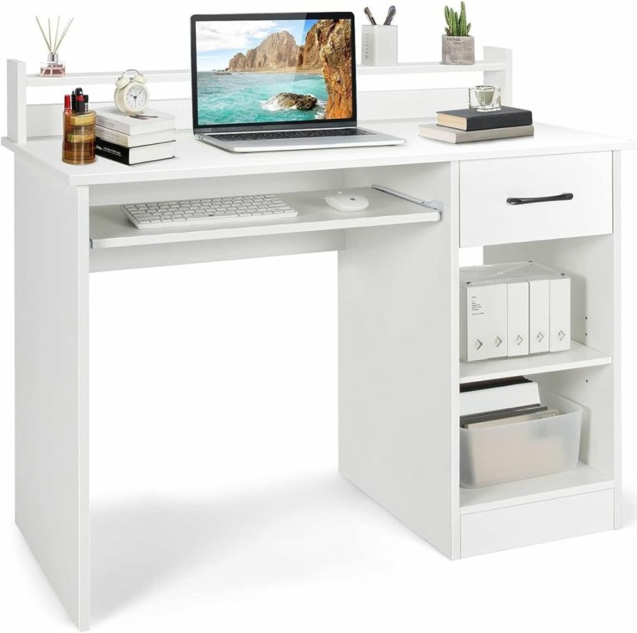 Tangkula | Tangkula Computer Desk With Drawer & Keyboard Tray, 22 Inch Wide Modern Study Writing Desk With Desktop Hutch & Storage Shelves, Home Office Desk For Kids, Wood Pc Laptop Desk, Desk For Bedroom