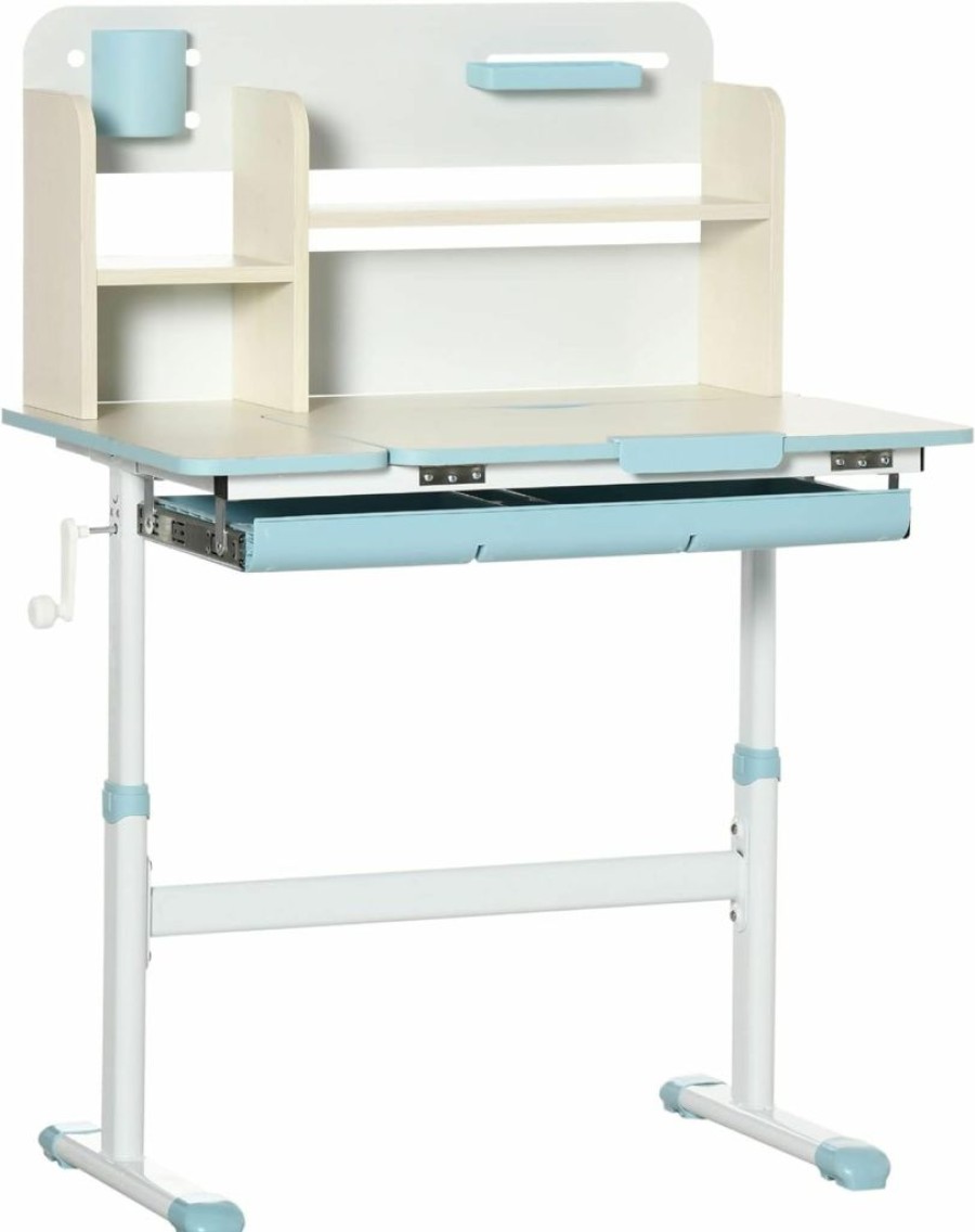 Qaba | Qaba Wooden Kids Study Desk, Height Adjustable Children School Study Table, Student Writing Desk With Tilt Desktop, Drawer, Storage Shelf, Pen Holder, Blue