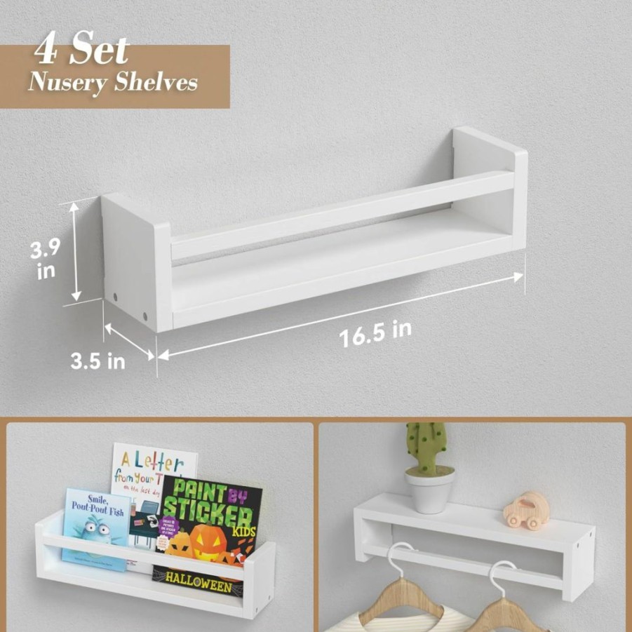 WOPITUES | Wopitues Nursery Book Shelves With Guardrail Set Of 4, Nursery Decor For Toys, Kids' Drawings And Craft, Floating Bathroom Shelf Organizer For Cosmetics, Spice Rack Wall Mount For Kitchen- White