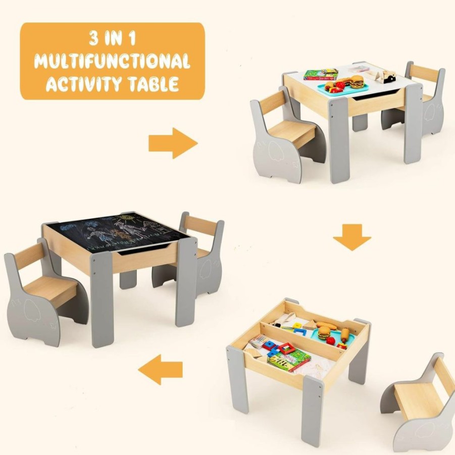 INFANS | Infans 3 In 1 Kids Table And Chair Set, Wood Multi Activity Table With Removable Tabletop, Detachable Blackboard For Toddler Playing Drawing Arts Crafts,3 Pcs Children Furniture With Storage