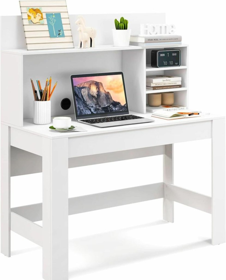 Giantex | Giantex White Computer Desk With Bookshelf, 48" Home Office Writing Desk With Anti-Tipping Kits & Cable Management Hole, Modern Study Table Workstation For Small Space Bedroom