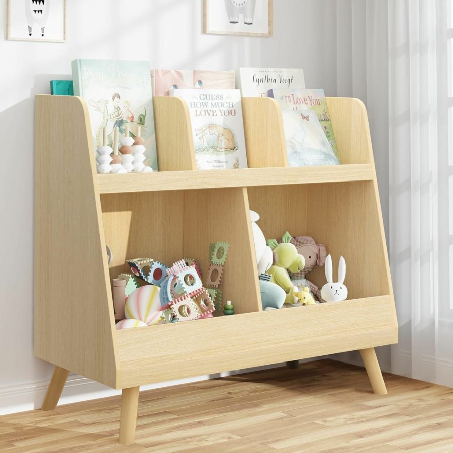 Curipeer | Curipeer Kids Bookshelf, Baby Book Shelf And Toy Organizer, Wooden Open Bookcase With 5 Cubbies, 2-Tier Baby Storage Display, Christmas And Birthday Gifts For Playing Room, Nursery, Natural Wood Color