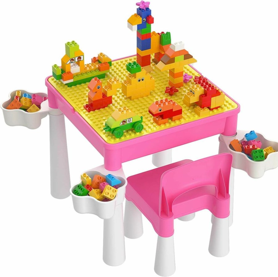 burgkidz | Burgkidz Kids 5-In-1 Multi Activity Table Set - Building Block Table With Storage - Play Table Includes 1 Chair And 130 Pieces Compatible Large Bricks Building Blocks For Ages 2 And Up (Macaron)