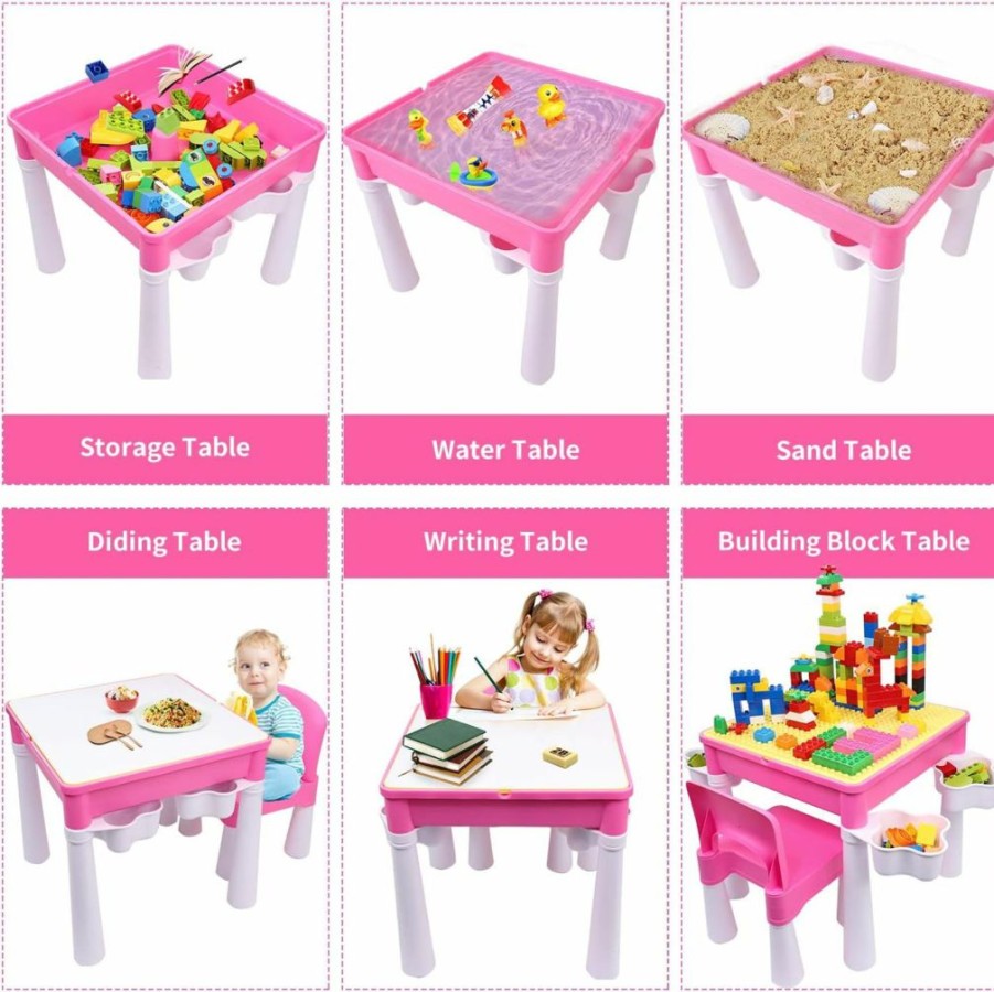 burgkidz | Burgkidz Kids 5-In-1 Multi Activity Table Set - Building Block Table With Storage - Play Table Includes 1 Chair And 130 Pieces Compatible Large Bricks Building Blocks For Ages 2 And Up (Macaron)