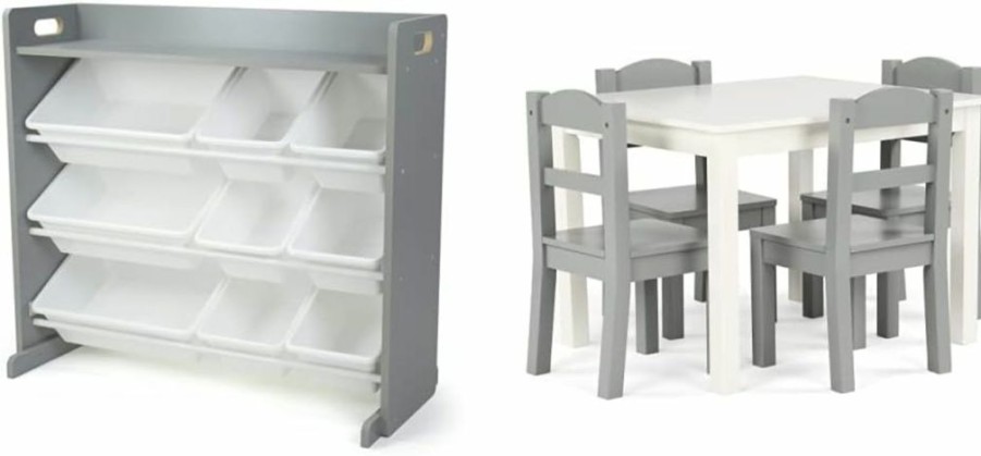 Humble Crew | Humble Crew Kids Wood Table And 4 Chair Set, Grey & Grey/White Toy Organizer, 9 Bin Storage, 24" Tall