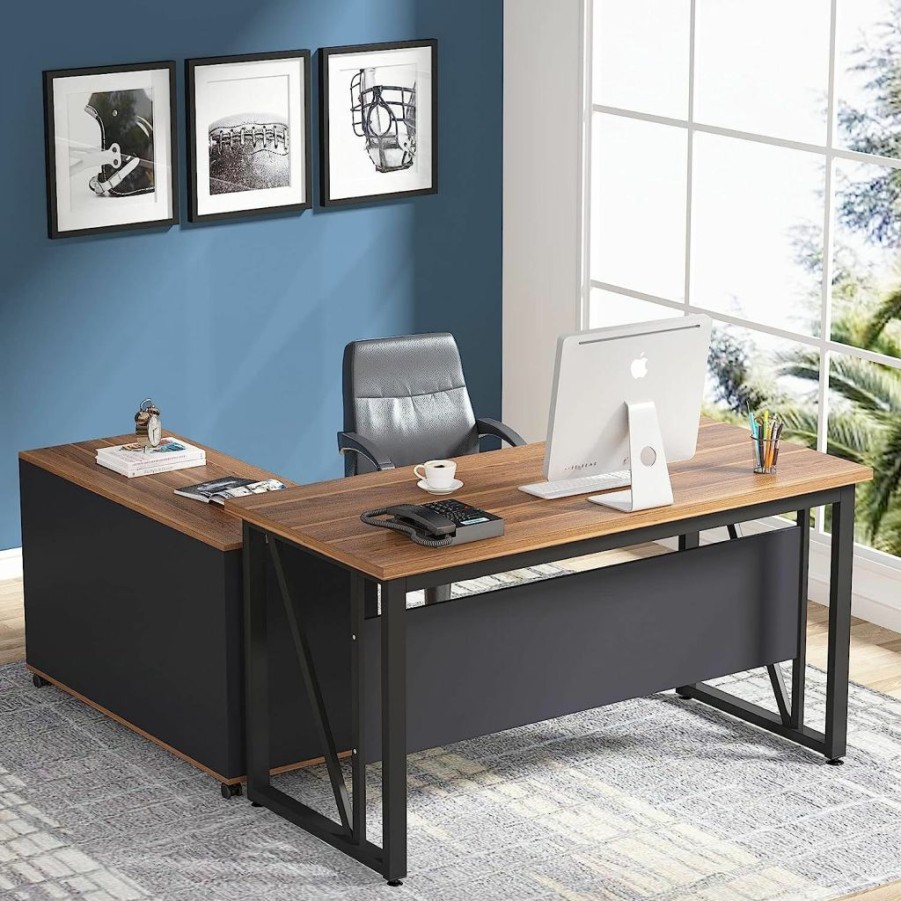 Tribesigns | Tribesigns 55 Inches Executive Desk And 43" Lateral File Cabinet, L-Shaped Computer Desk Home Office Furniture With Drawers And Storage Shelves, Office Table With Cabinet (Walnut, 55)